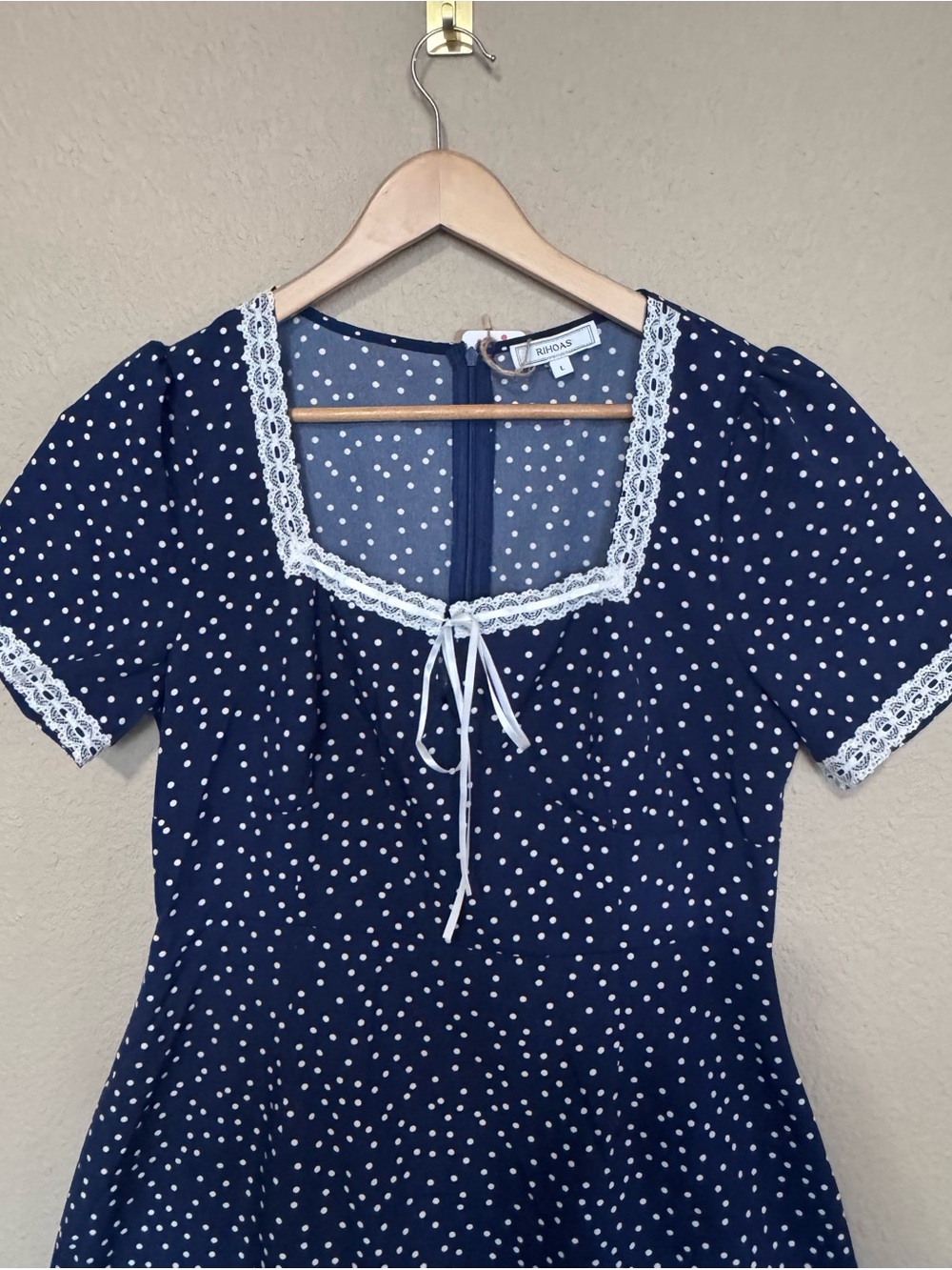 RIHOAS Women’s Navy Polka Dot Midi Dress - Cottagecore Retro Charm - Picture 3 of 10